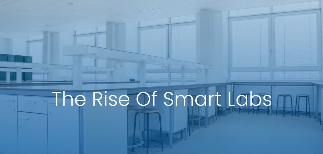 Modern laboratory with clean, white workstations and stools