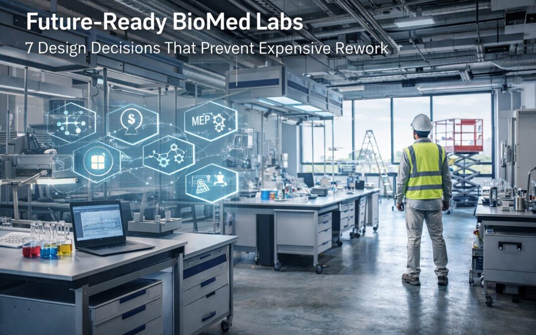 Modern BioMed laboratory illustration with modular workstations, overhead utilities, and a clean blue-toned design