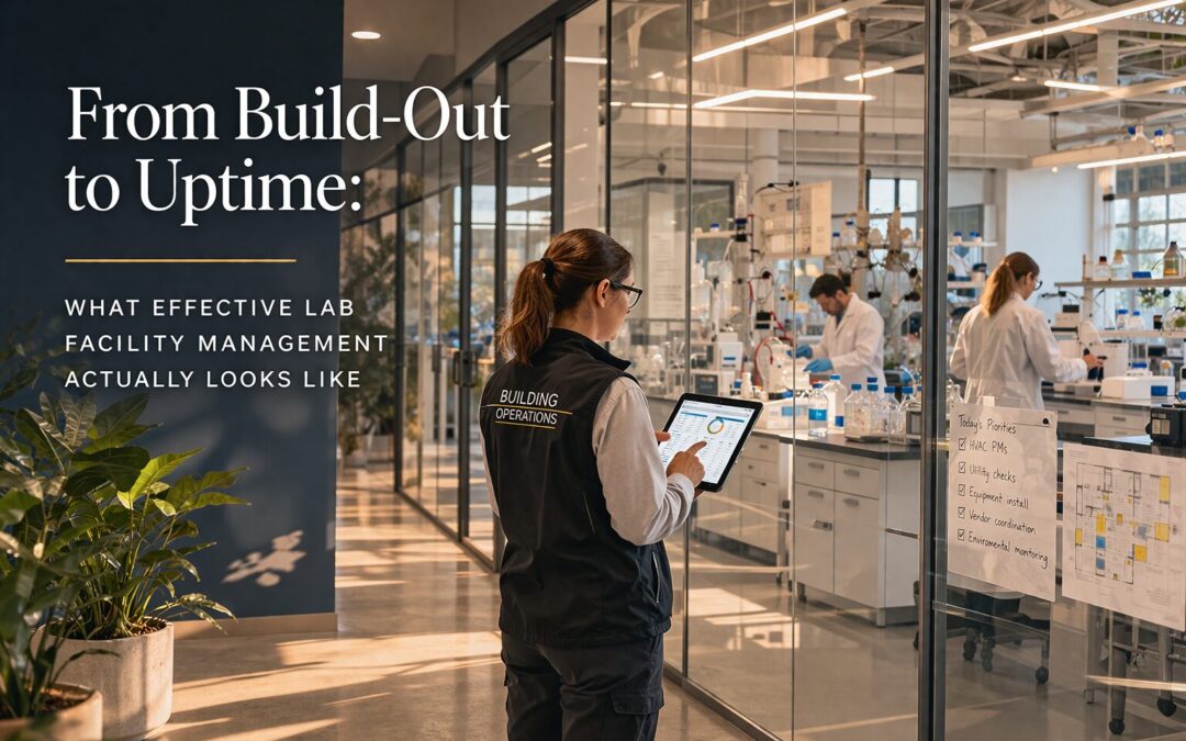 Clean modern life science laboratory with facilities-focused details such as overhead systems, organized equipment zones, and a well-maintained operational environment